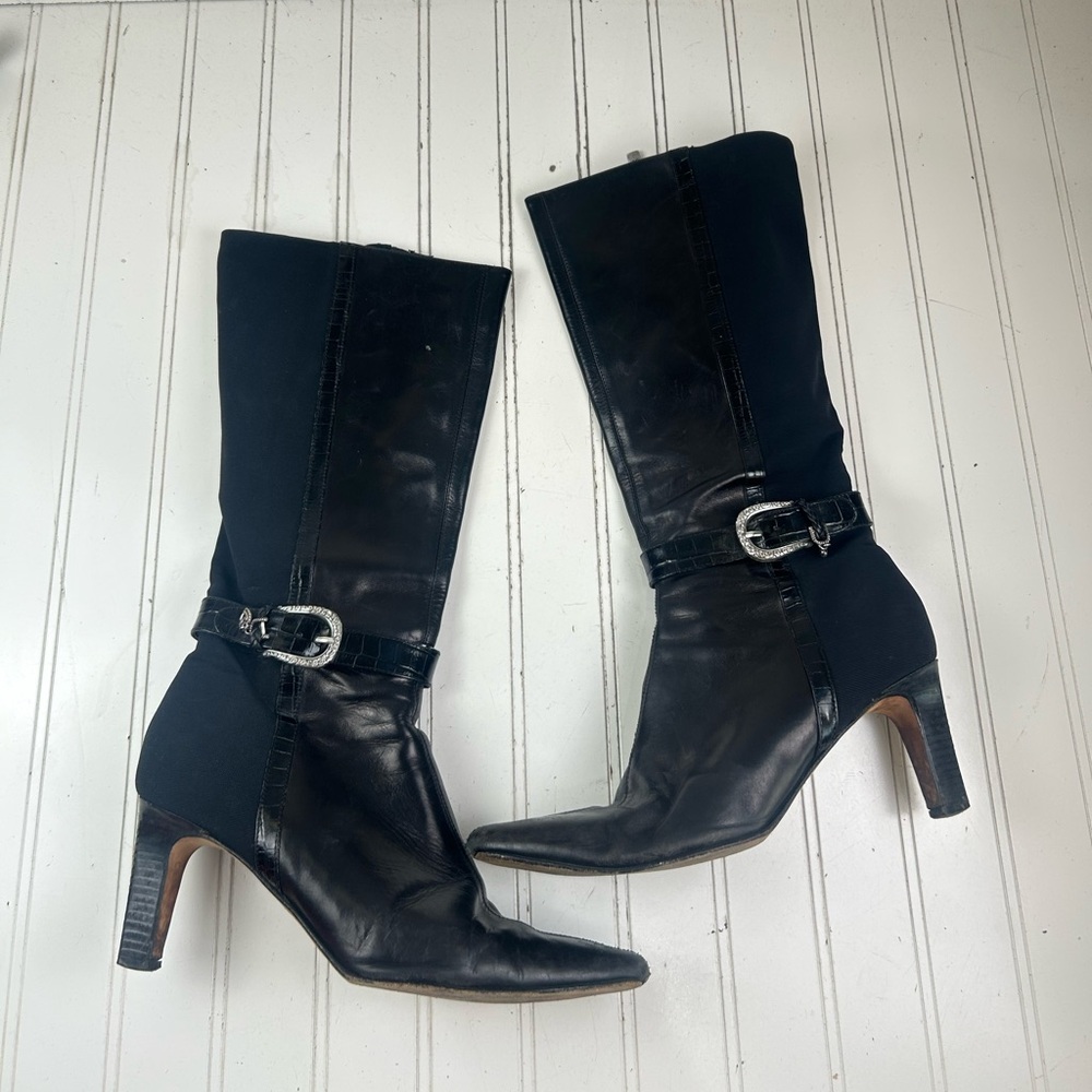 Brighton Italian Vintage Rachel Black Leather Nylon Boots Womenโs Size 8M - Picture 2 of 13